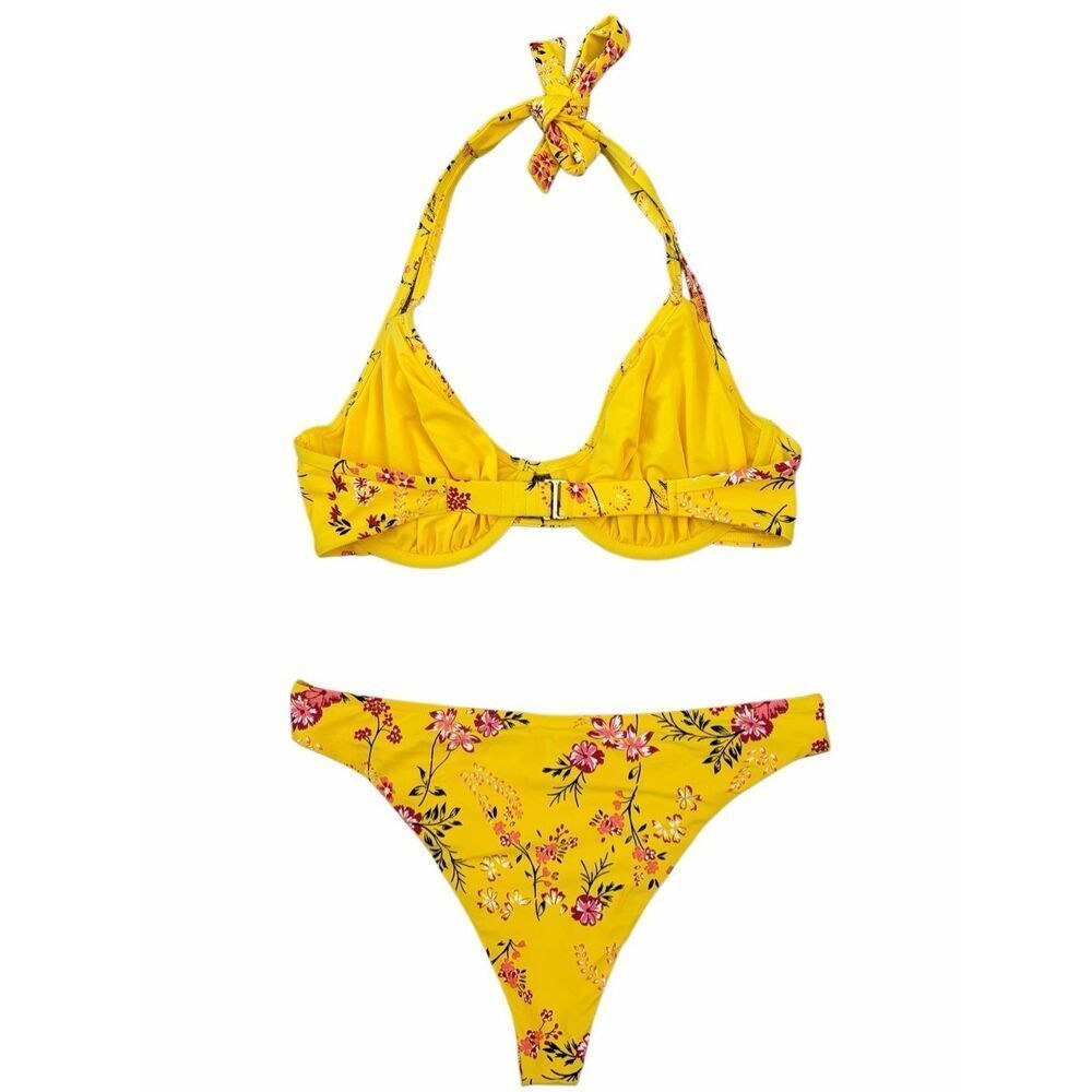Birdsong Yellow Floral Bikini Set Underwire Halter Top 36D Bottom L - Picture 2 of 12